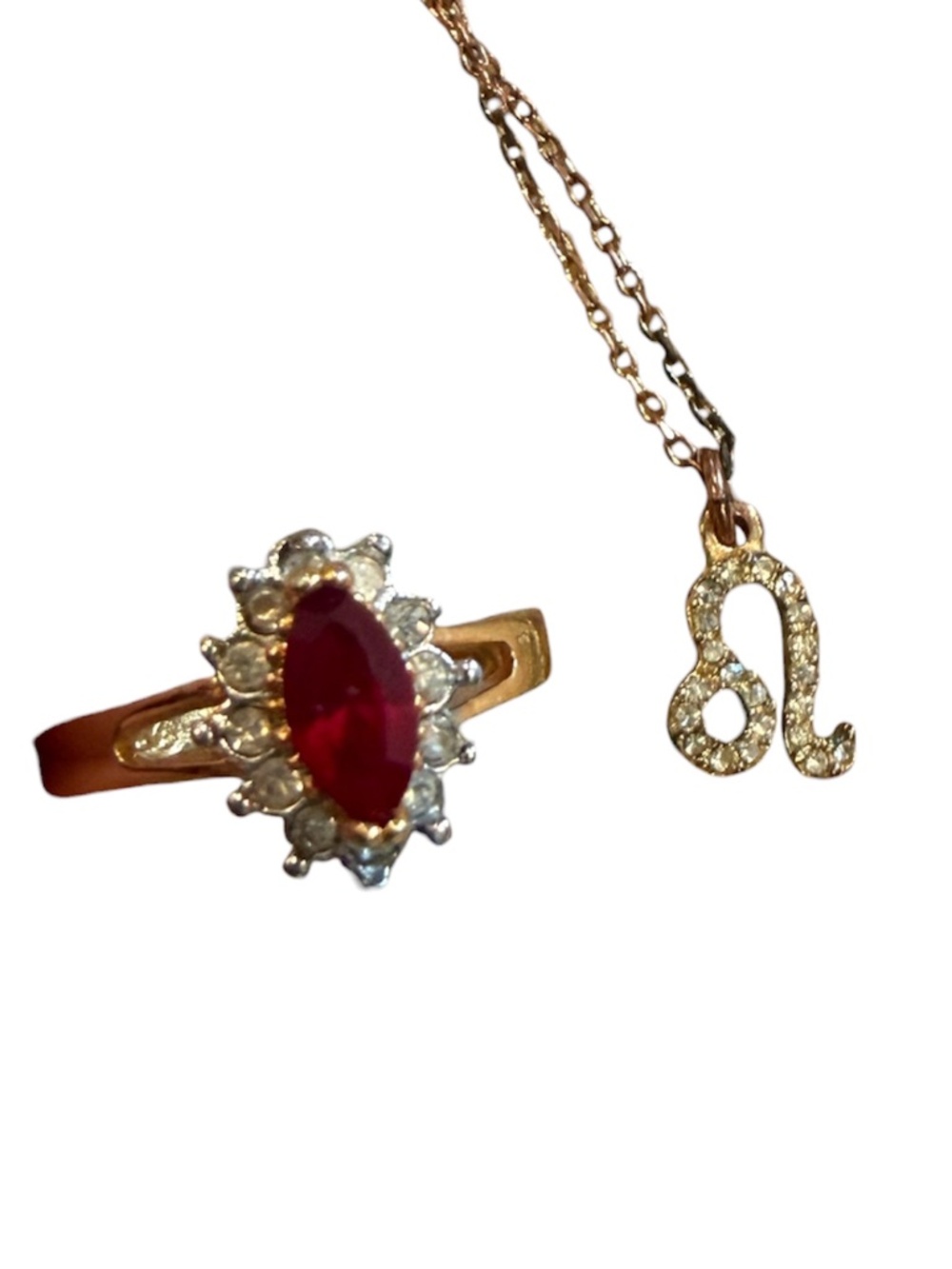 Set of 2 Jewelry Pieces | Ruby and Diamond Ring and Diamond Leo Zodiac Necklace